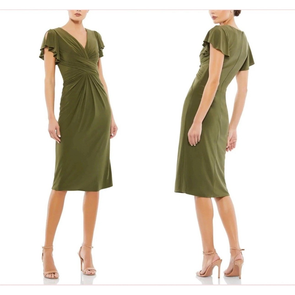 Mac Duggal Ieena 12486 Olive Flounce Sleeve Midi Dress Size 6 V-Neck‎ Dress NWT